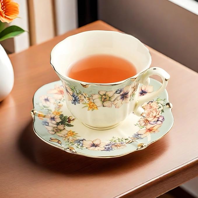 TATSUMI Country Roses Bone China Tea Cup and Saucer Set, 3 Pieces, Vintage Style, For Women and Tea Parties(Dutch Blue,1 Set)