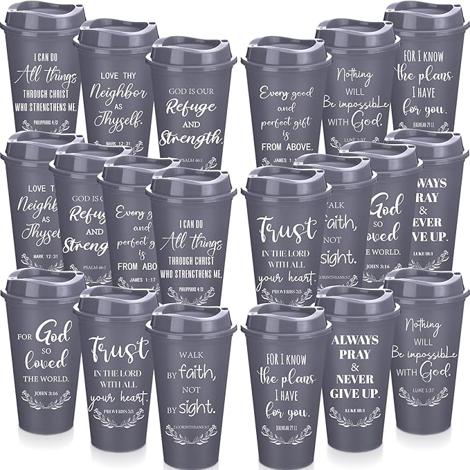 Skylety 20 Pack Bulk Christian Gifts for Men Women 16oz Reusable Bible Verse Tumbler Plastic Coffee Cup with Lid Inspirational Religious Church Gift for Teacher Graduation Party Favor (Gray)