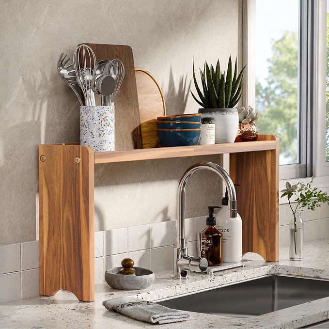 BLUEWEST Wood Over The Stove Spice Shelf for Kitchen Storage, 31.5" Solid Acacia Wood Stove Top Spice Rack Organizer, 12.2" Height, Water-Resistant, No Drilling, Easy to Assemble Kitchen Storage