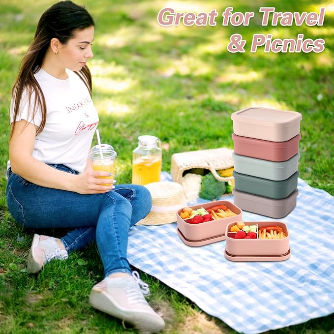Honeydak 6 Pcs Silicone Bento Box for Adults, 3 Compartment Lunchable Food Container for Women Men, Leak Proof Microwave Dishwasher Freezer Safe (Bright Colors)