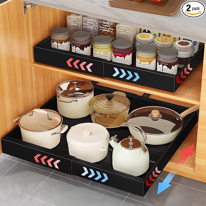 PYOF 2 Pack Pull Out Cabinet Organizer - 21" Deep Pull Out Drawers for Cabinets Expandable(12.4"-20.5") with Adhesive Nano Film Slide Out Drawers for Kitchen Cabinets Shelves Pantry Bathroom (Black)