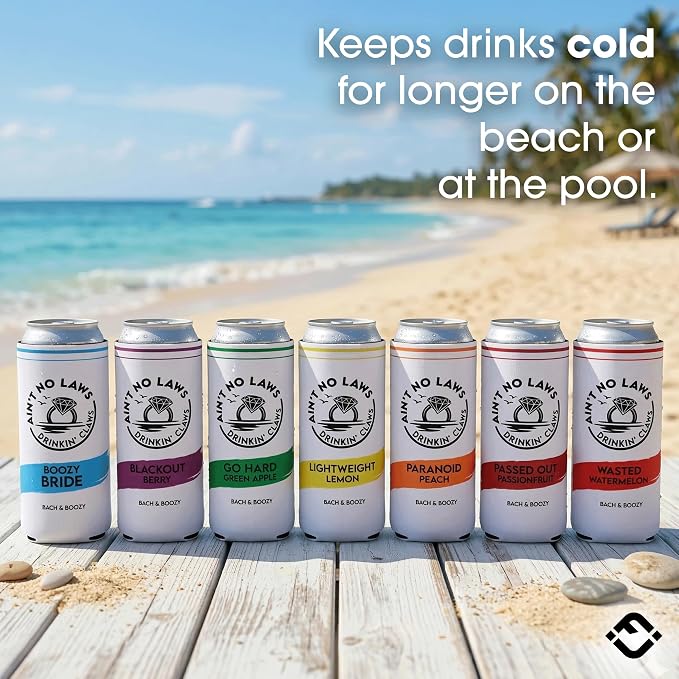 Funky Junque Bachelorette Party Favors Slim Can Cooler, Funny Bridesmaid & Bride Gifts for Girls Trip, Bridal Shower Decorations & Accessories, 12 oz Skinny Can Covers - Ain't No Laws - 4 Pack