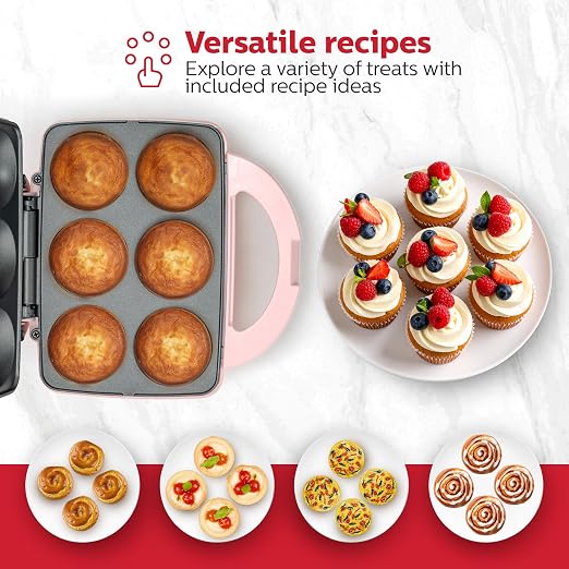 Holstein Housewares Non-Stick 6-Count Electric Cupcake Maker Machine – Bakes 6 Cupcakes, Muffins, Pizza Cups, Cinnamon Buns – Perfect for Gifts, Birthdays, Holidays, or Bake Sales, Pink
