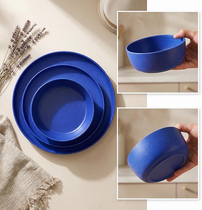 Webbylee 12 Piece Melamine Dinnerware Set for 4 - Shatterproof Matte Blue Round Plates & Bowls, Lightweight Unbreakable Tableware for Camping, RV, Patio & Indoor Outdoor Use, Dishwasher Safe