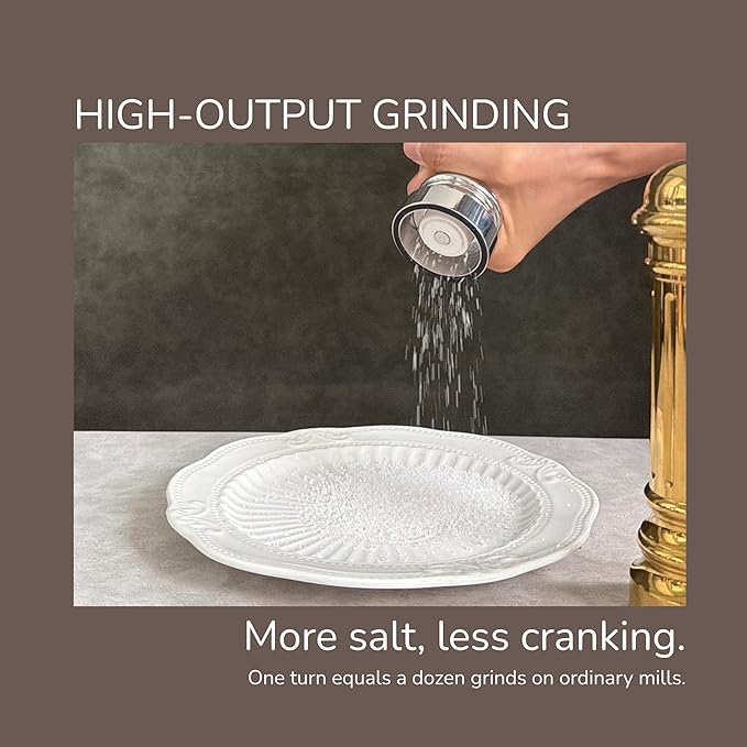 Metal Salt Grinder, Heavy Duty High Output Salt Mill with Adjustable Coarseness, 316L Stainless Steel, Refillable (Gold)