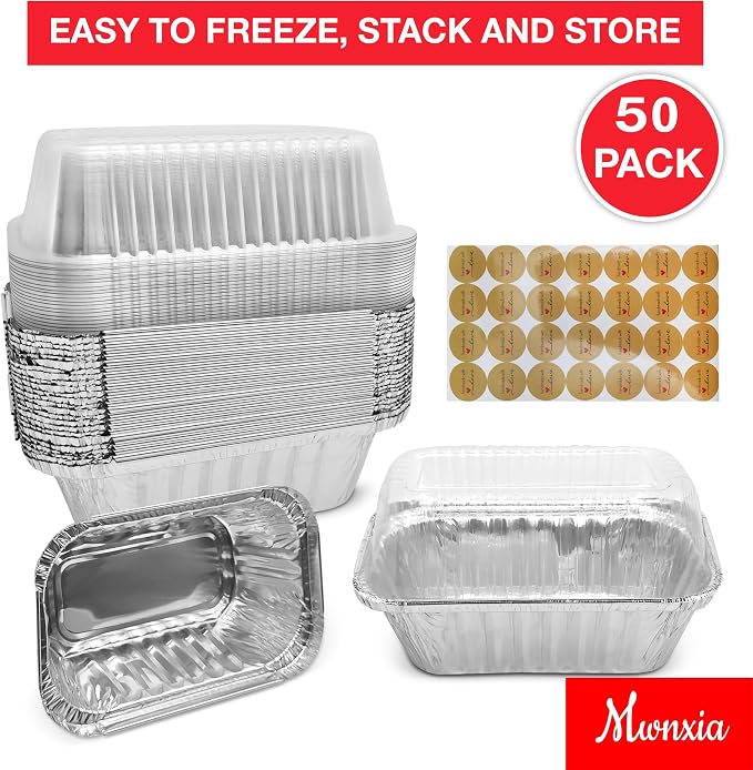 Mini Loaf Pans with Lids 50 Pack Small Aluminum Pans with Lids 6x3.5x2 complete with Baked with Love Stickers for Baking Bread, Fruit Cake, Banana Bread, Meatloaf and Baked Goods