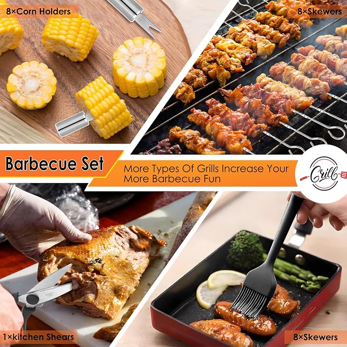 Yoehka BBQ Grilling Accessories Set, 34Pcs Heavy Duty Grill Tools for Outdoor Camping, Grilling Gifts for Men Dad, Stainless Steel Barbecue Utensils Kit with Mats and Glove in Carrying Bag, Brown