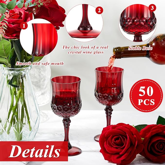 Pinkunn 50 Pcs 7 oz Plastic Vintage Wine Glasses Reusable Colored Goblets Patterned Drinking Water Glasses Cup Dishwasher Safe for Mother's Day Wedding Reception Party Supplies (Red)