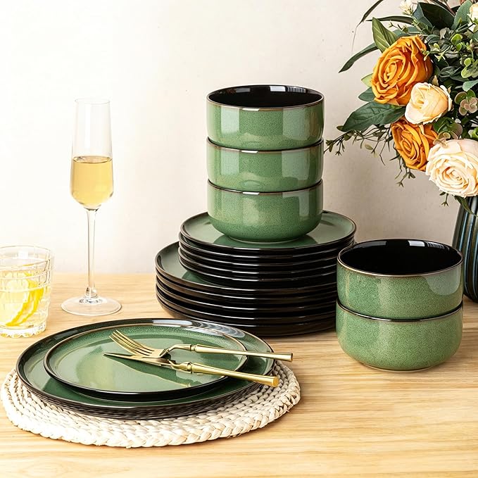 LeRatio Ceramic Dinnerware Sets for 6,Porcelain Plates and Bowls Sets,Handmade Reactive Glaze Dishes Set,Chip Resistant and Scratch Resistant | Oven&Dishwasher & Microwave Safe-Green(18PCS)