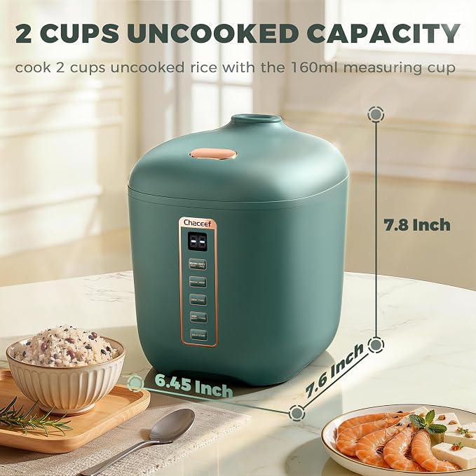 CHACEEF Mini Rice Cooker 2 Cups Uncooked, 1.2L Rice Cooker Small, Portable Non-Stick Small Travel Rice Maker, BPA Free, Smart Control Multifunction Cooker with 24 Hours Timer Delay & Keep Warm Function, Green