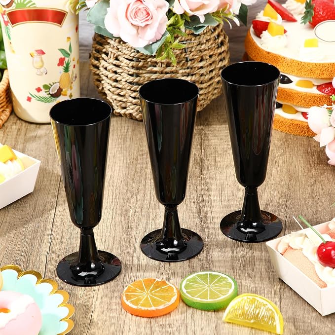Domensi 200 Pack Black Champagne Flutes Bulk Plastic Disposable Champagne Glasses 5.5 oz Plastic Mimosa Glasses Wedding Cocktail Cups for Engagement Birthday Graduation Decor 2026 Party Supplies