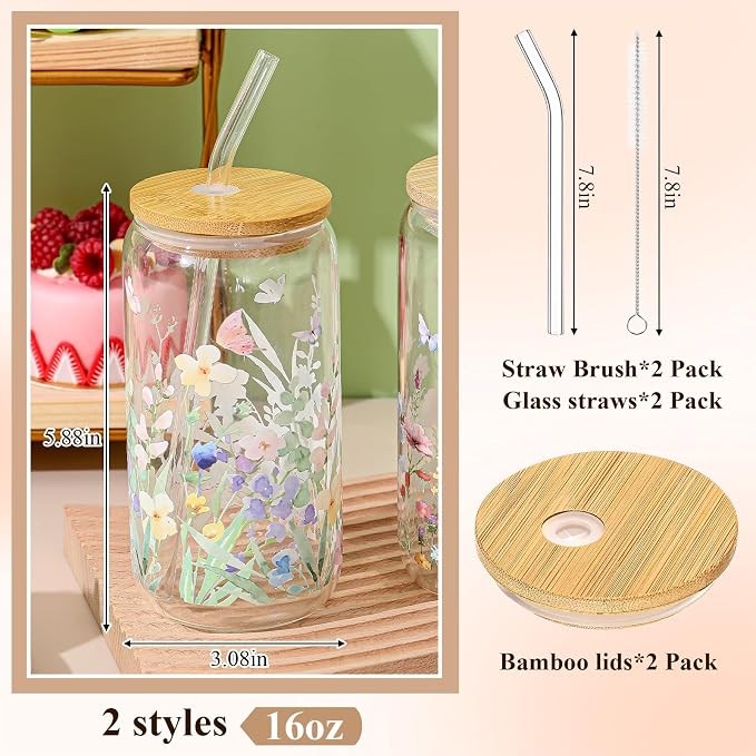 Mumufy 2 Pack Wildflower Glass Cups Gift Aesthetic Cute Glass Cup Tumbler Flower Iced Coffee Mugs 16 oz with Bamboo Lid & Straw, for Wedding Birthday Bridesmaid Mom Baby Shower