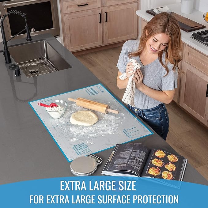 KPKitchen Silicone Pastry Mat and 4-Piece Liquid Measuring Cups Set - Extra Large Baking Mat For Rolling Out Dough - 100% Silicone & BPA Free - Includes Mini Ounce, 1, 2 and 4 Plastic Cup Sizes