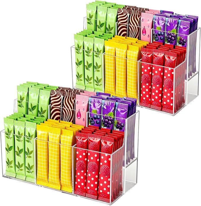 2 Pcs Drink Packet Organizer, 2-Tier Acrylic Drink Packet Organizer for Water Flavor Hydration Powdered Mixes Pantry Cabinet Counterto Kitchen Storage Holder Container