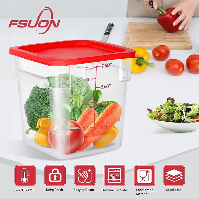 4 Pack 8 Qt Square Polycarbonate Food Storage Containers with Lids | Clear BPA-free PC with lids, side handles, measurement scale and stackable design; for food prep, storage and freezer use.