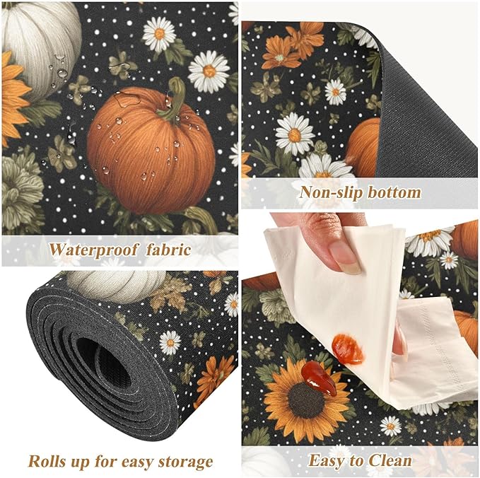 2 in 1 Table Runner Trivet for Hot Pots and Pans Heat Resistant Non Slip Waterproof 39 x 12 Inch Decorative Table Protector for Kitchen Countertop Black Dotty Pumpkins Sunflowers Daisy