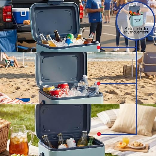 Reebok 8L Hard Cooler,Officially Licensed Portable Cooler Ice Chest with Handle, Holds 12 Cans, 12-Hour Ice Retention,Light Blue