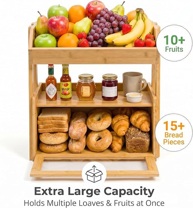 Bamboo Bread Box for Kitchen Countertop, 2 Tier Large Storage with Fruit Basket Top and Window, Farmhouse Organizer for Snacks & Vegetables