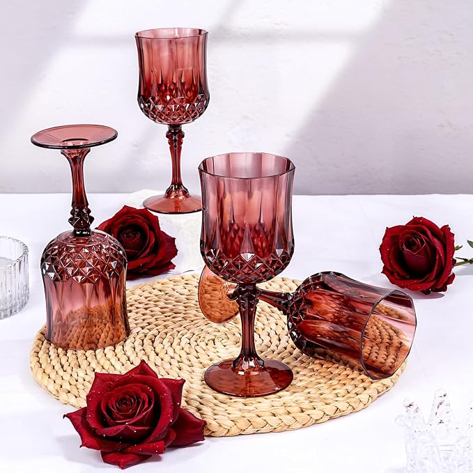 Ciaell 24PCS Burgundy Plastic Wine Glasses - 7 Oz Plastic Goblets for Party - Burgundy Vintage Drinking Glasses - Disposable Water Goblets Set for Wedding, Bar, Wine, Beer, Juice