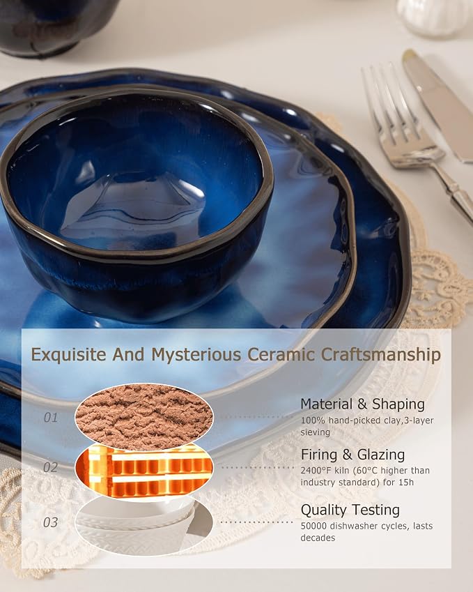 4-piece set, ceramic, natural active glaze plate and bowl set, microwave and dishwasher compatible tableware set, shatterproof and scratch resistant dinner set, irregular edge design, blue