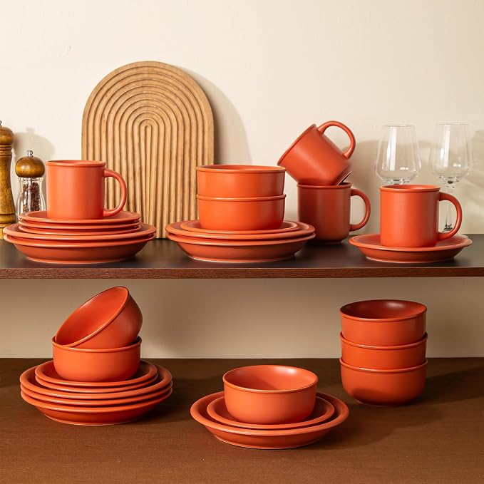 Timeworn Clay Dinnerware Set, 12 Pieces, Terracotta Red | Stoneware, Hand-Finished Glaze, Farmhouse Style, Microwave and Dishwasher Safe