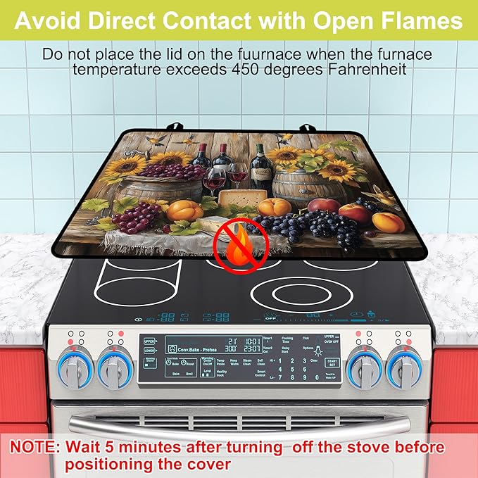 Glass Stove top Cover 28"x 20", Stove Top Covers for Electric Stove, Flat Range Mat for Glass Cooktop, Kitchen Heat-Resistant Protector Non-Slip Drying Mat (Fruits and Sunflower)