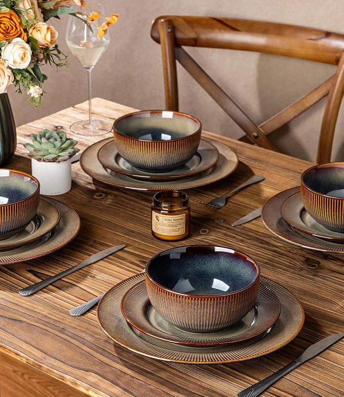 TheTerra Stoneware Dinnerware Sets for 4, 12 Pieces Ceramic Plates and Bowls Sets, Scratch Resistant Embossed Dish Set, Oven, Microwave & Dishwasher Safe, Coca Mocha