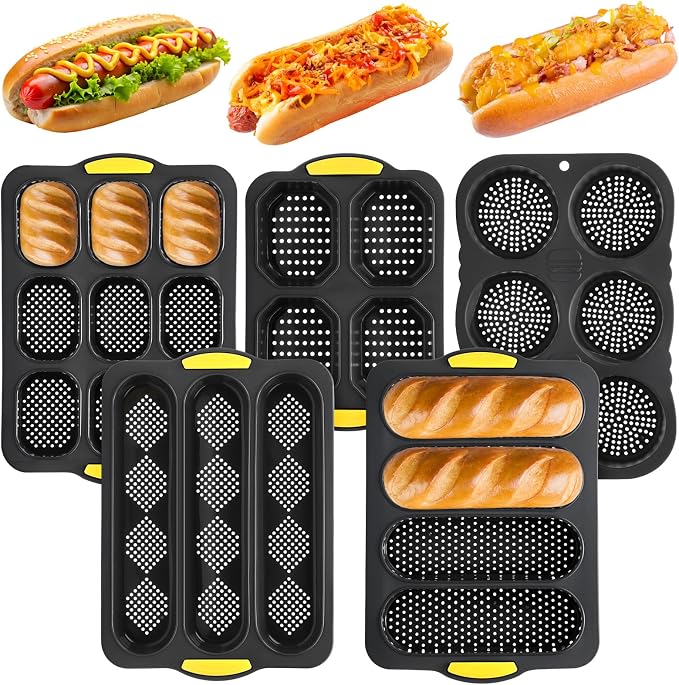 Reallnaive 8 Pcs Silicone Baguette Hamburger Bun Baking Pan Set 4 6 9 Cup French Bun Mold 3 Cup Nonstick Baguette Bread Pan with Tool for Homemade Bread Loaf Sandwich Microwave
