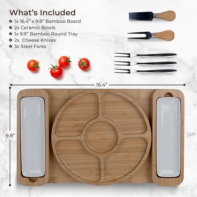 Charcuterie Boards Gift Set - Large Bamboo Cheese Board with Serving Tray, Knives and Bowls for Meat, Cheese and Crackers, for Mom, Housewarming, Wedding, Birthday Gifts for Women