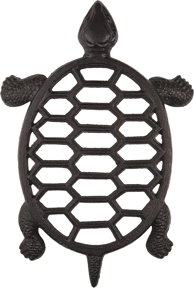 GASARÉ, Cast Iron Trivet for Hot Dishes, Pots, and Pans, Metal Trivet, Sea Turtle Design, Rubber Feet Caps, Ring Hanger, 11.5 x 8 Inches, Brown, 1 Unit