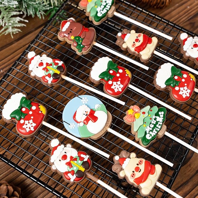 KALAIEN 2 Pack Christmas Lollipop Molds Set, Christmas Silicone Molds Candy Gummy Mold for Chocolate with 100pcs Lollypop Sucker Sticks