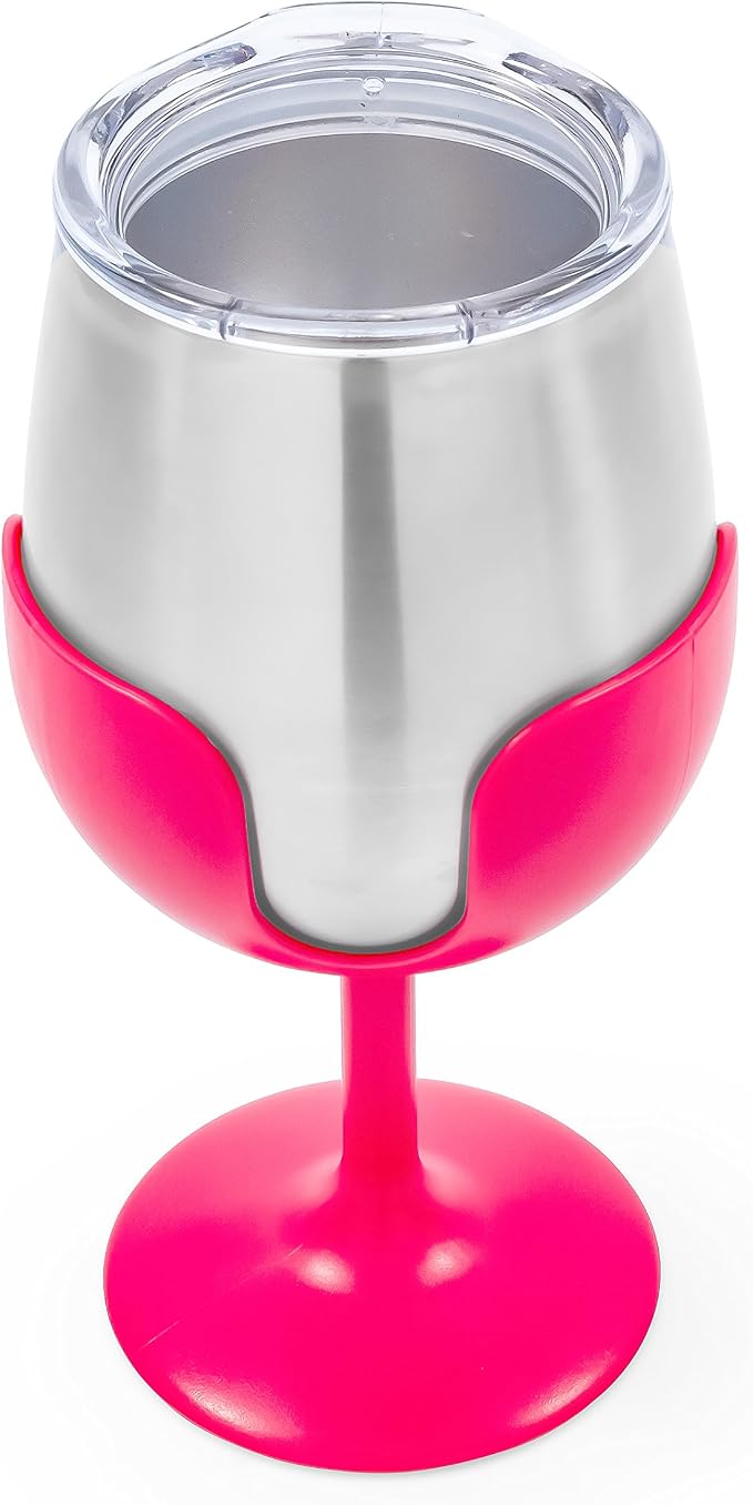 Camco Life is Better at The Campsite 8 oz Wine Tumbler 2 Pack - Heavy Duty Double Wall Vacuum Insulation - Crafted of 18/8 Stainless Steel - Features Removable Blue & Pink Stems (51915)