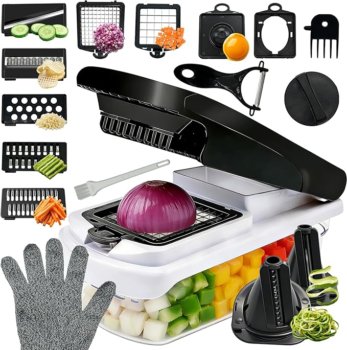 Multifunctional 17 in 1 Mandoline Slicer for Kitchen, Potato Slicer & Veggie Chopper with 6 Blades, Peeler, Safety Gloves, Easy Clean Food Chopper