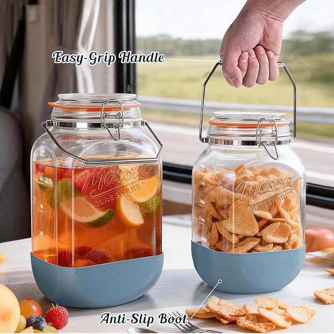 [NEW] 2 Pack Square 1.5 Gallon Glass Jar with Hinged Airtight Lid, Large Mason Jars Wide Mouth with Handle, Glass Storage Containers with Non-slip Base for Pantry, Laundry Room, Flour, Rice, Dog Treat