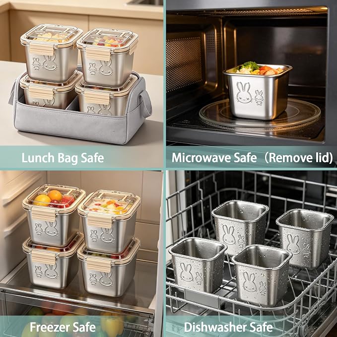 4 Pack Stainless Steel Food Containers with Handle Lids, 850ml 29oz 100% Leakproof Stackable Lunch Box Set, Reusable Metal Snack Containers with Rabbit Print, Food-grade, Dishwasher Safe