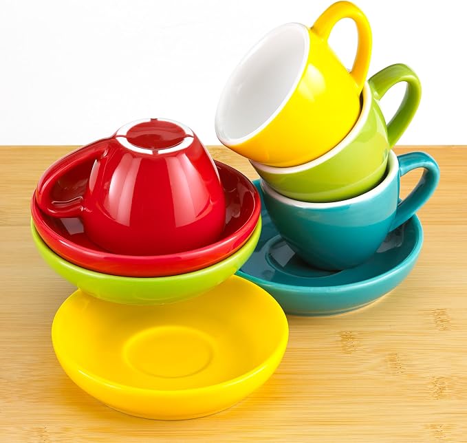 Espresso Cups and Saucers by Easy Living Goods - 3-Ounce Demitasse for Coffee, Set of 4, Assorted Colors (Vibrant)