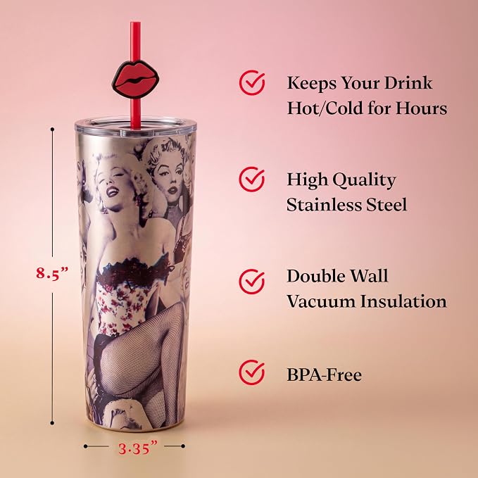 Dragon Glassware x Marilyn Monroe 100th Celebration Tumbler, 24oz - Glamour | Vacuum Insulated Stainless Steel Tumbler with Straw & Lid; Double Walled Tumbler with Straw Charm; Marilyn Monroe Cup