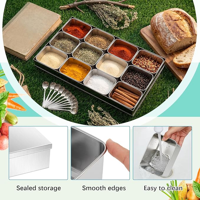 Boao 12 Compartment 304 Yakumi Pans Stainless Steel Seasoning Condiment Container with Lids Spoons, Japanese Yakumi Pans Mini Sauces Salad Dressings Storage for Food, Herbs, Spices