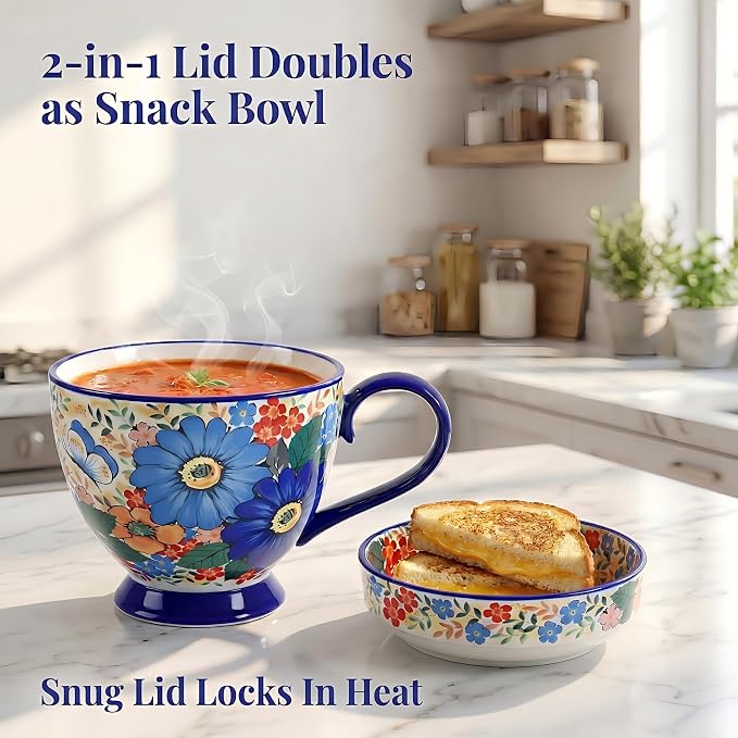 Hand-Painted Ceramic Soup Bowl with Handle & Lid, Large Coffee Mug | 17oz Polish Pottery Decorative Tea Cup & Saucer, Microwave Safe Cereal Bowl for Oatmeal, Ice Cream, Snacks, Gifts for Women