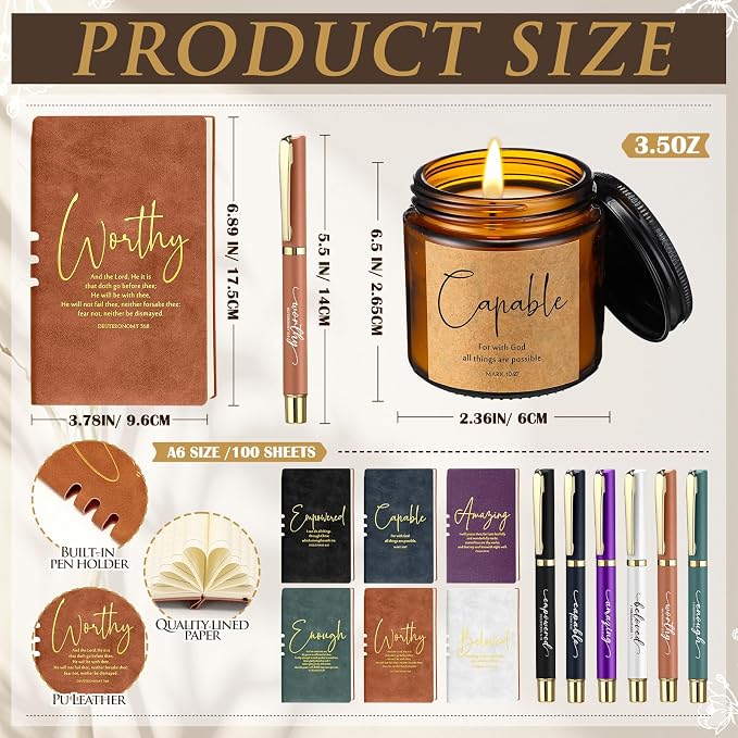 FillTouch 6 Set Christian Gifts for Women Men 15 oz Ceramic Bible Verses Coffee Mug A6 Leather Journal with Pen and Scented Candle Religious Gift for Pastor Church Sunday School(Classic Color)