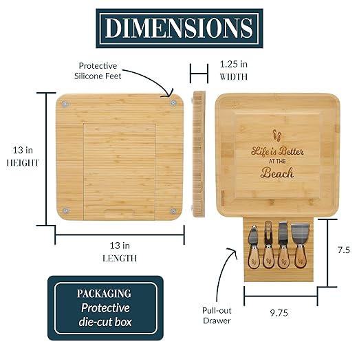 Pavilion - Life Is Better At The Beach - Square Cheese Board & Knife Set with Hidden Drawer, Charcuterie Board, Bread Board, 1 Count - Pack of 5, 13 x 13 x 1.25-Inches