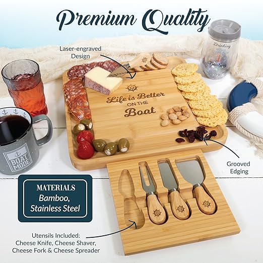 Pavilion - Life Is Better On The Boat - Square Cheese Board & Knife Set with Hidden Drawer, Charcuterie Board, Bread Board, 1 Count - Pack of 5, 13 x 13 x 1.25-Inches