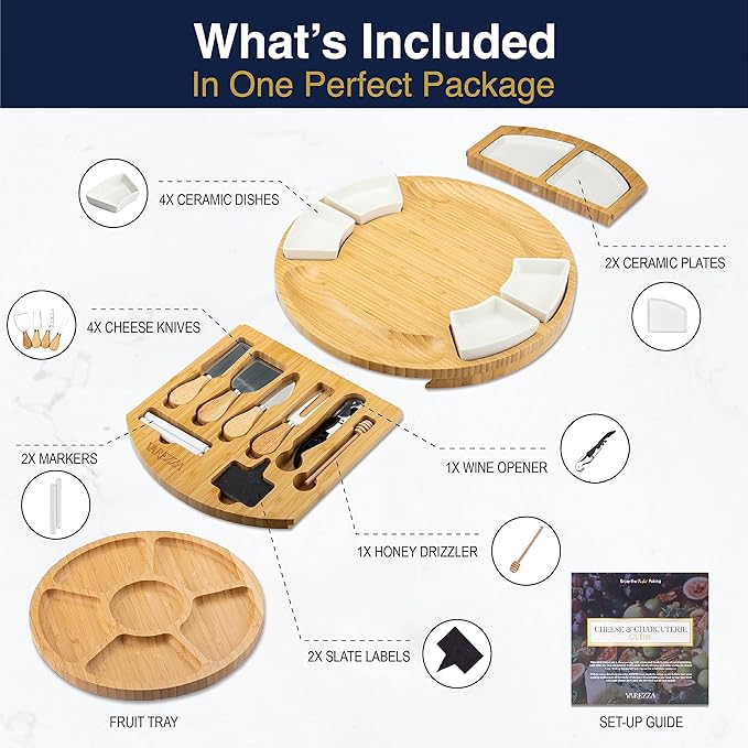 Premium Bamboo Cheese & Charcuterie Board Bundle – Extra Large 16 Inch Round Serving Board + Large Cheese Serving Set with Knife Accessories – Ideal for Entertaining, Gifting & Special Occasions
