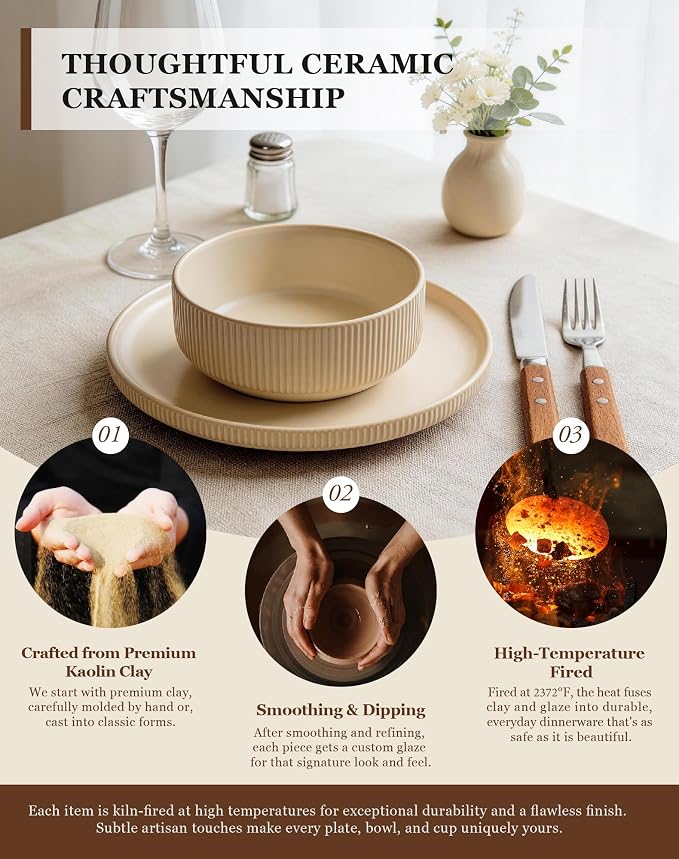OTAGO 16-Piece Dinnerware Set for 4 with Mugs, Ribbed Stoneware Plates and Bowls Sets, Unique Handcrafted Reactive Glaze, Chip and Scratch Resistant Dish Set, Microwave & Dishwasher Safe, Yellow