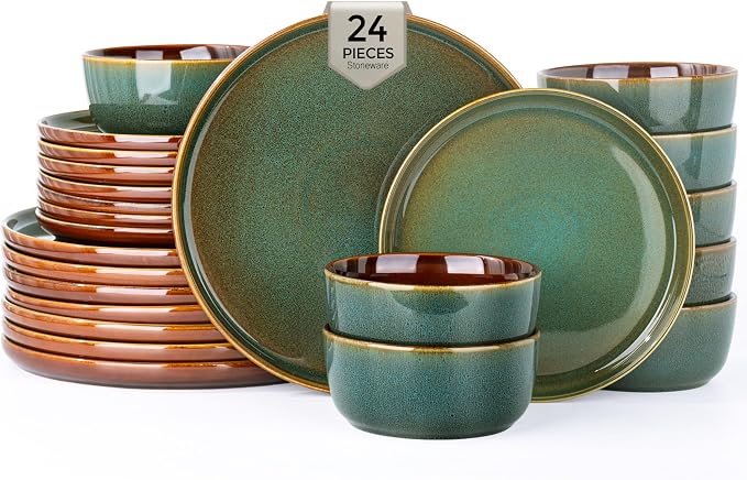GBHOME Dinnerware Sets for 8, 24 Pieces Stoneware Plates and Bowls Sets, Scratch Resistant Dishes, Dishwasher & Microwave Safe, Reactive Glaze