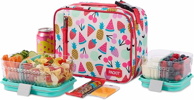 PackIt Freezable Classic Lunch Box, Fruit Toss, Built with EcoFreeze Technology, Collapsible, Reusable, Zip Closure With Zip Front Pocket and Buckle Handle, Designed for Fresh Lunch On the Go