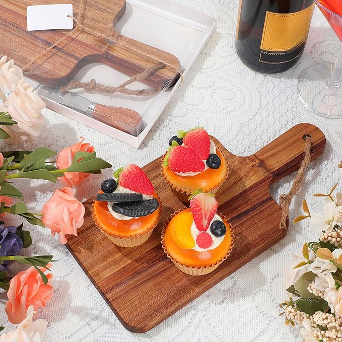 Geetery 12 Set Charcuterie Boards Bulk Acacia Wood Mini Cutting Board Gift Set with Knives, Gift Box, Card Small Cheese Serving Tray Board for Bridal Baby Shower Wedding Housewarming Favors(12 Inch)