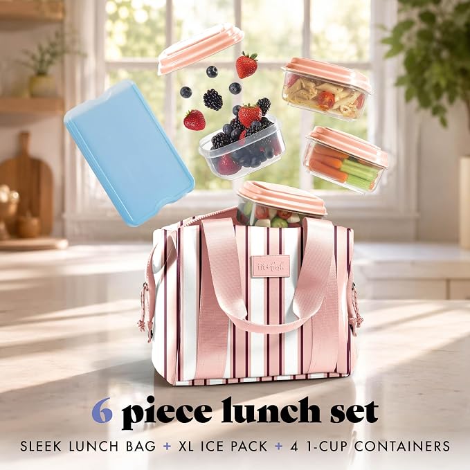 Fit & Fresh Remi Lunch Bag for Women Work – Neoprene Lunch Tote with Containers & Ice Pack, Reusable Meal Prep Lunch Box, Large Capacity, Machine Washable