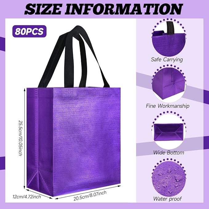 Eccliy Reusable Gift Bags Set Glossy Grocery Gift Tote Bag with Handle for Wedding, Bridal Shower, 4th of July, Summer Event(10 x 8 x 4.7 Inch,Purple with Black Handles,80 Pcs)