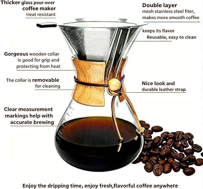 subjectthree Glass Coffee Maker - Pour Over Coffee Dripper 8 Cup with Stainless Steel Filter for Camping, Office,Cafe,Home (28 Ounce)